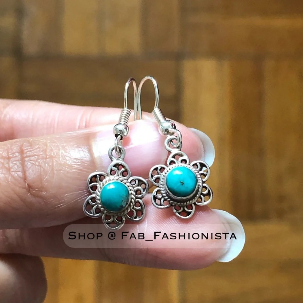 Turquoise Sterling Silver Flower Dangle earrings Navajo style